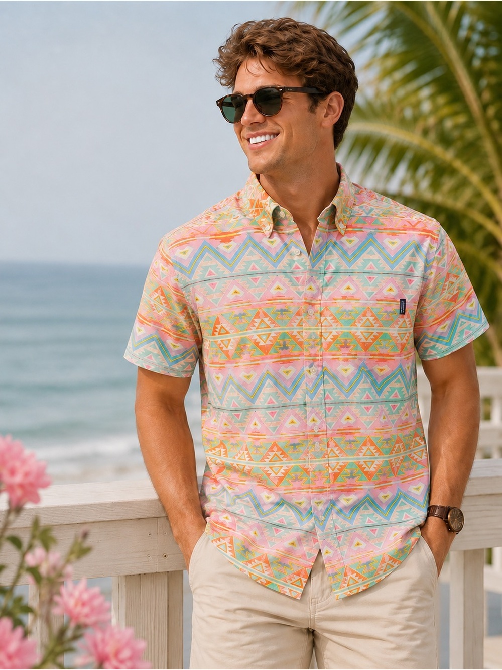 Simply Southern Life of the Party Men’s Pastel Aztec Short Sleeve Shirt Sz Small